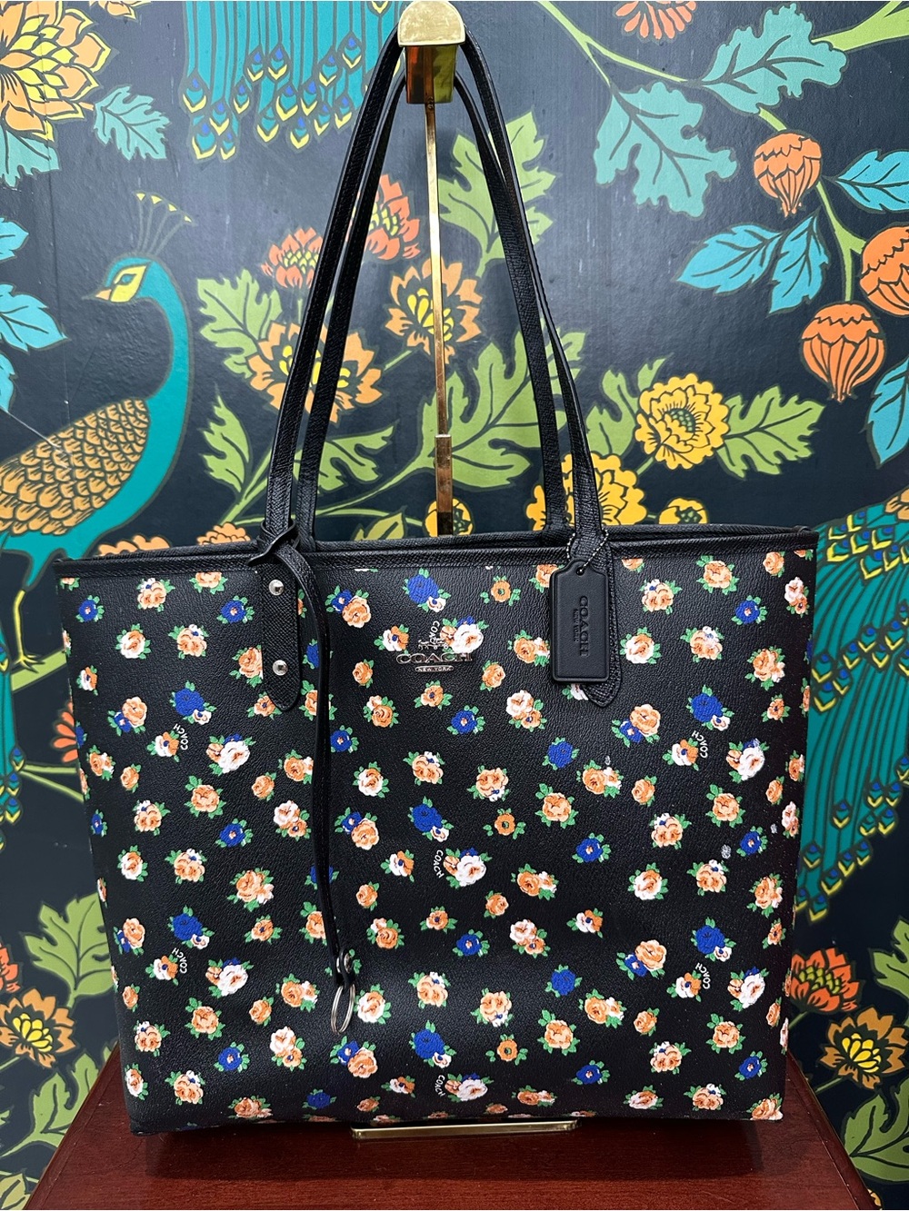 Coach Reversible Floral Market Tote Black Crossgrain Leather Shopper Bag - Picture 3 of 12